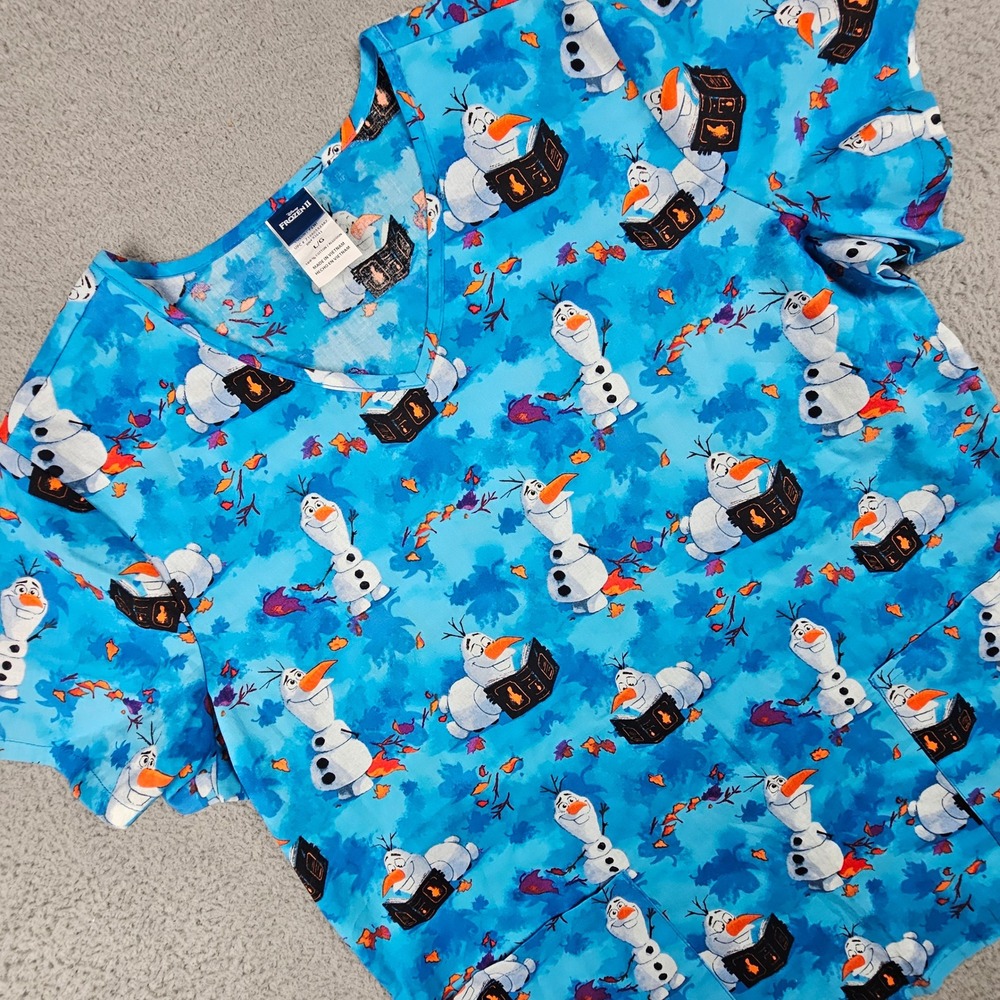 Disney Frozen II Olaf Scrub Top Women Large Blue Cotton V-Neck WM49T728L Nurse